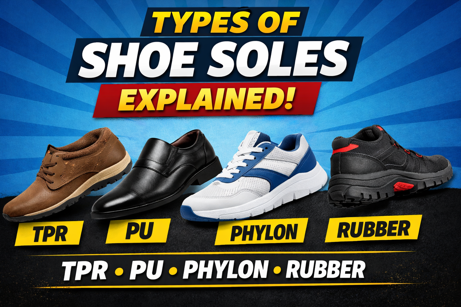 Different Types of Shoe Soles Explained (TPR, PU, Phylon, Rubber) and Their Uses